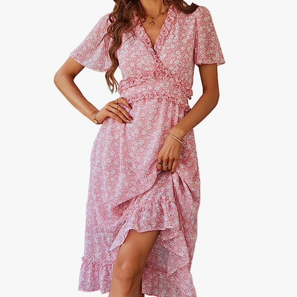 WOMEN'S MIDI DRESS RUFFLE SHORT SLEEVE NWOT BEAUTIFUL SMALL